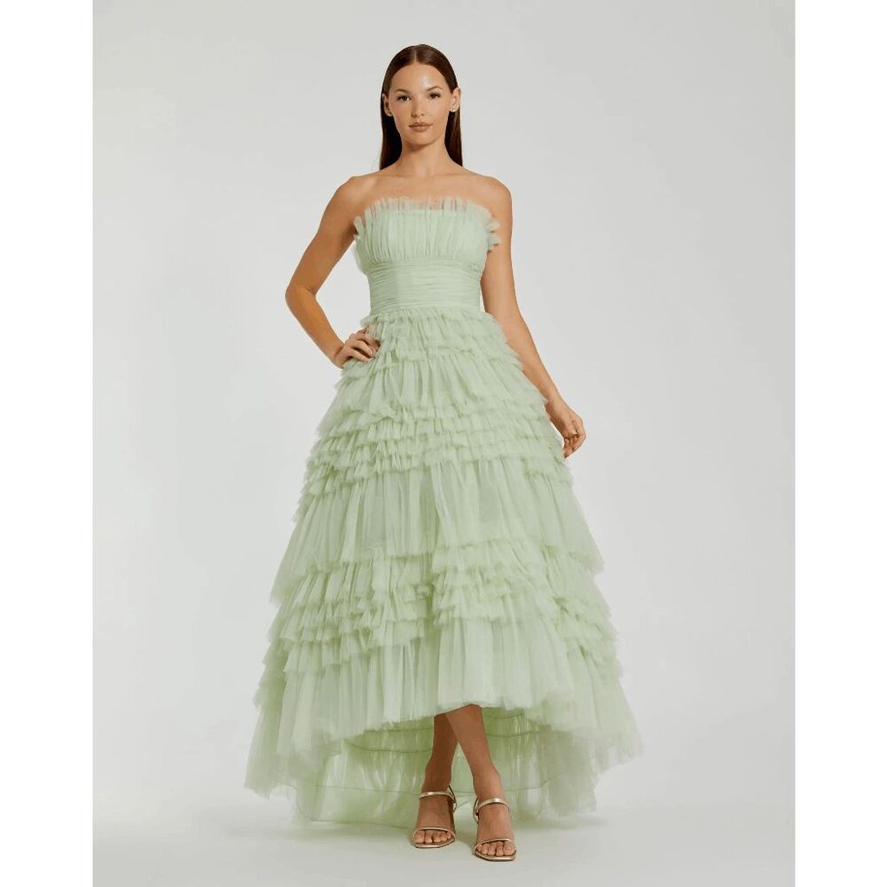 NWT Mac Duggal Strapless Tulle Ruffle Tiered High Low A-Line Gown Size 14 $798